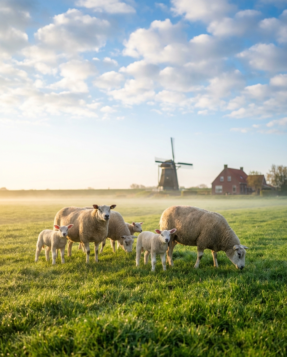 Texelse schapen op de polder met windmolen op de achtergrond