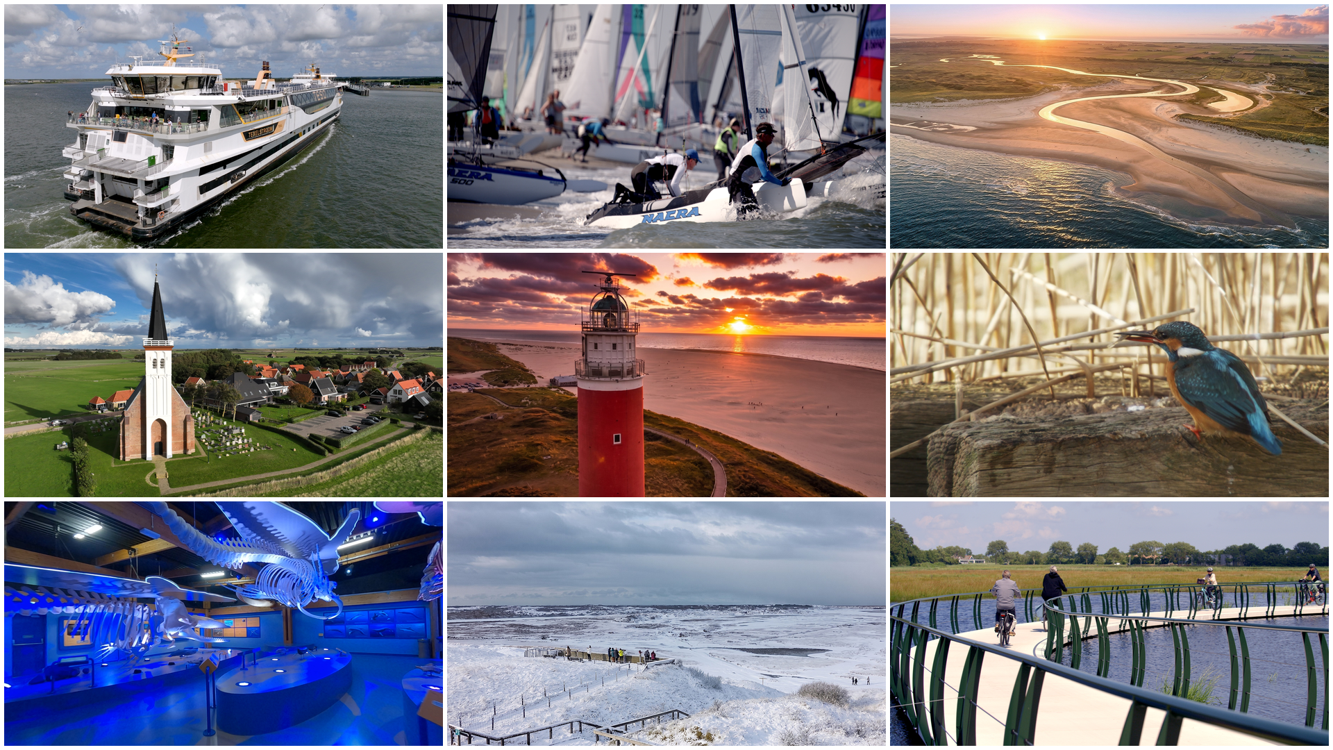 Collage van Texel - veerboot, vuurtoren, natuur en meer